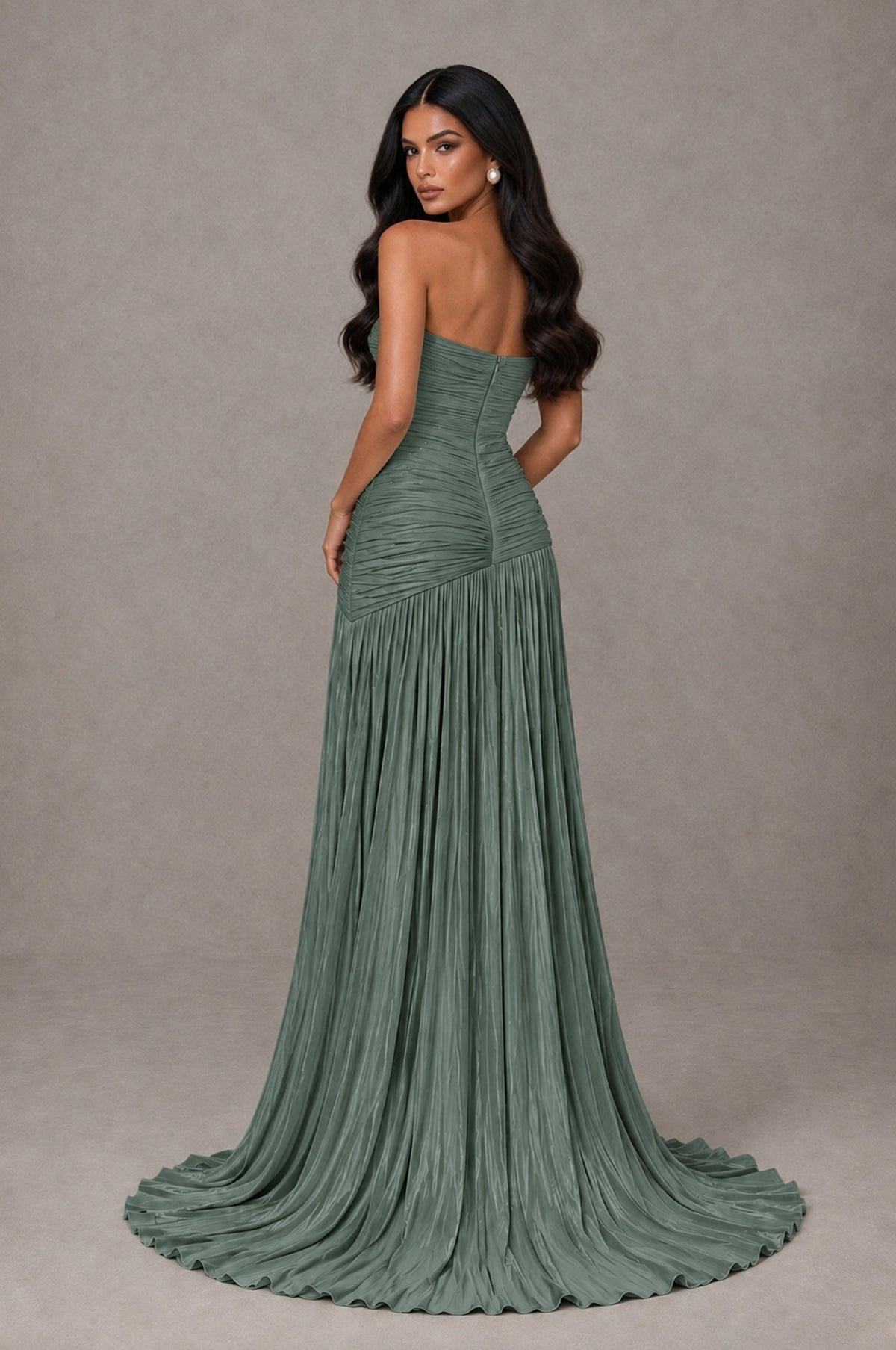 BOLODOO Eucalyptus Metallic Ruched Strapless Pleated A-Line Backless Maxi Dress with Train - Eucalyptus - Eucalyptus_2