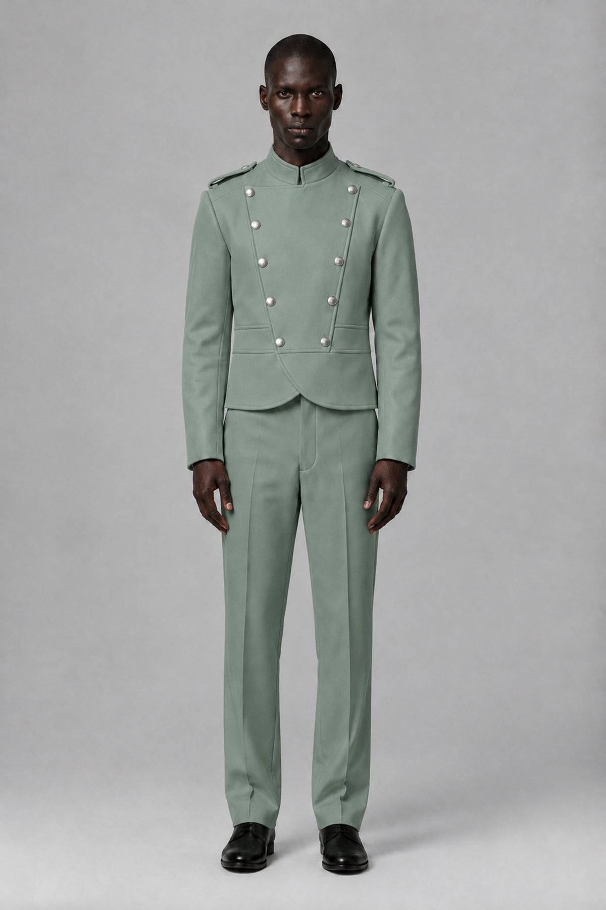 Bolodoo Men's Eucalyptus Military-Inspired Two-Piece Suit with Stand Collar - Eucalyptus - Eucalyptus_2