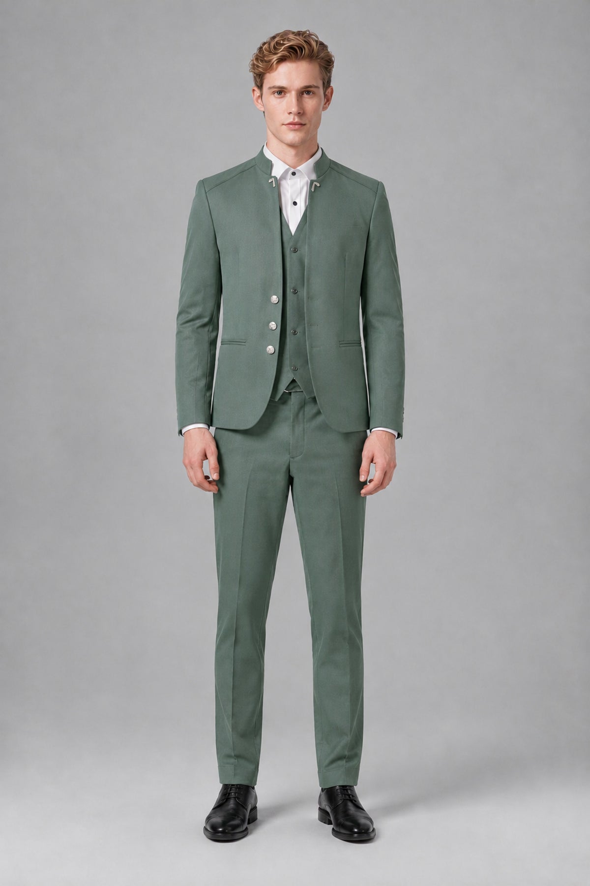 Bolodoo Men's Eucalyptus Mandarin Collar 3-Piece Suit – Jacket, Vest & Trousers - Eucalyptus - Eucalyptus_2