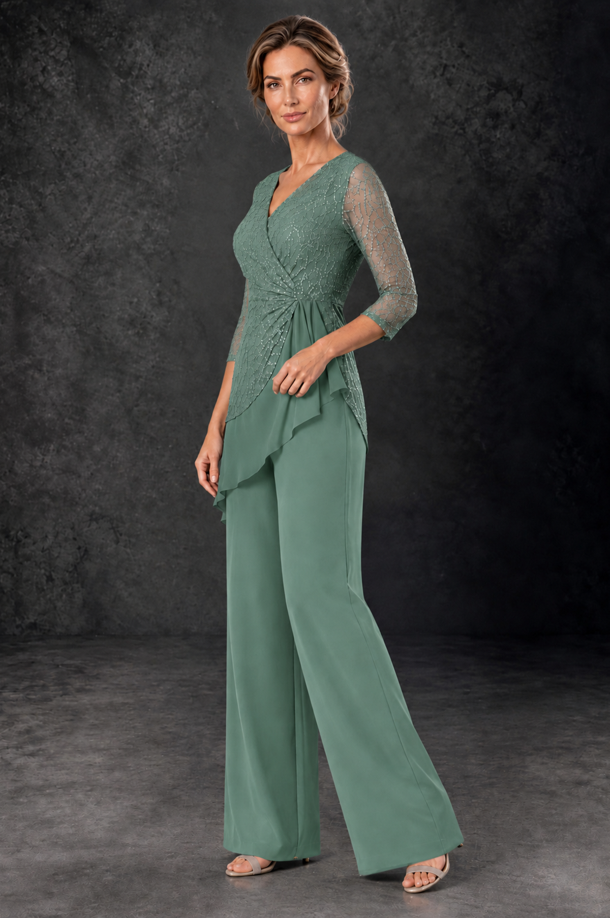 BOLODOO Eucalyptus Sequin Lace 3/4 Sleeve Chiffon Mother of the Bride Pant Suit - Eucalyptus - Eucalyptus_2