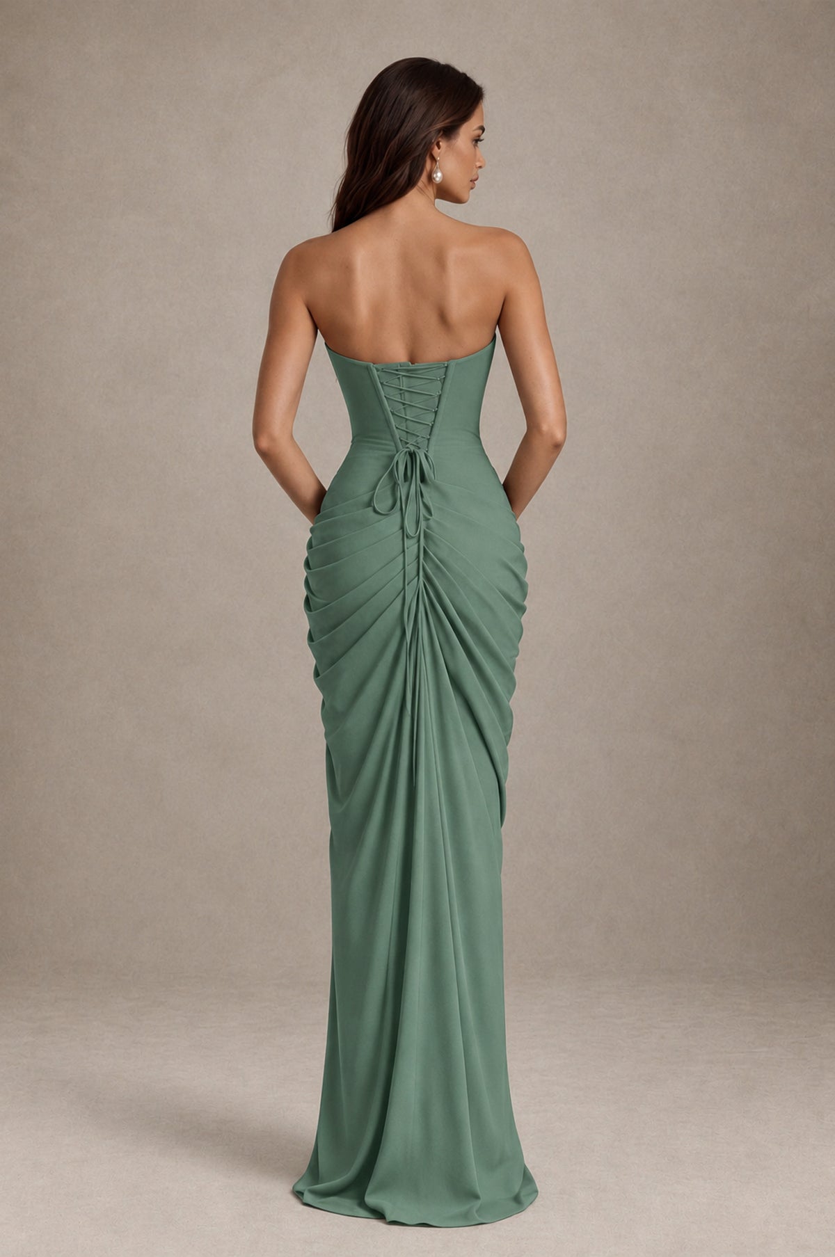 BOLODOO Strapless Draped Maxi Dress - Eucalyptus Backless Evening Gown with High Slit - Eucalyptus - Eucalyptus_2