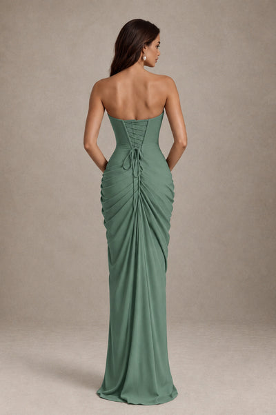BOLODOO Strapless Draped Maxi Dress - Eucalyptus Backless Evening Gown with High Slit - Eucalyptus - Eucalyptus_2