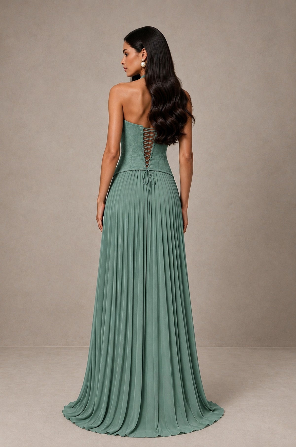 BOLODOO Eucalyptus Halter Corset Pleated A-Line Evening Dress - Eucalyptus - Eucalyptus_2