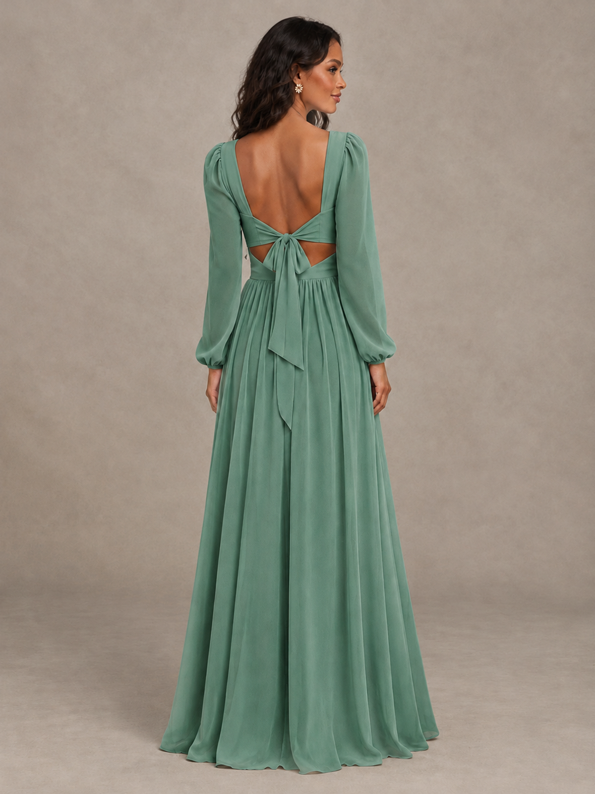 BOLODOO Eucalyptus V-Neck Long Sleeve Bridesmaid Dress with Tie Back and Slit - Eucalyptus - Eucalyptus_2