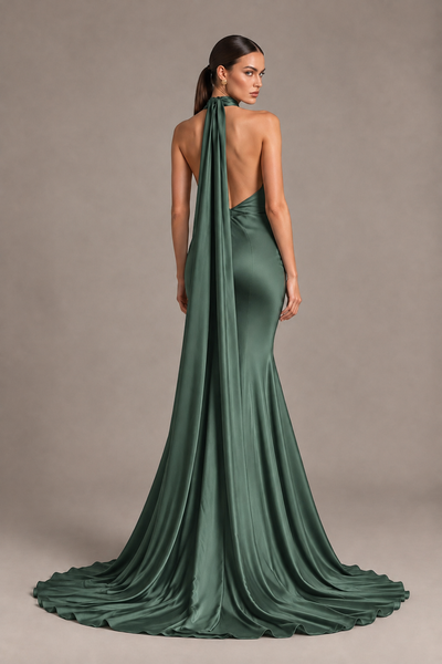 BOLODOO Eucalyptus One-Shoulder Satin Mermaid Evening Dress with Scarf - Eucalyptus - Eucalyptus_2