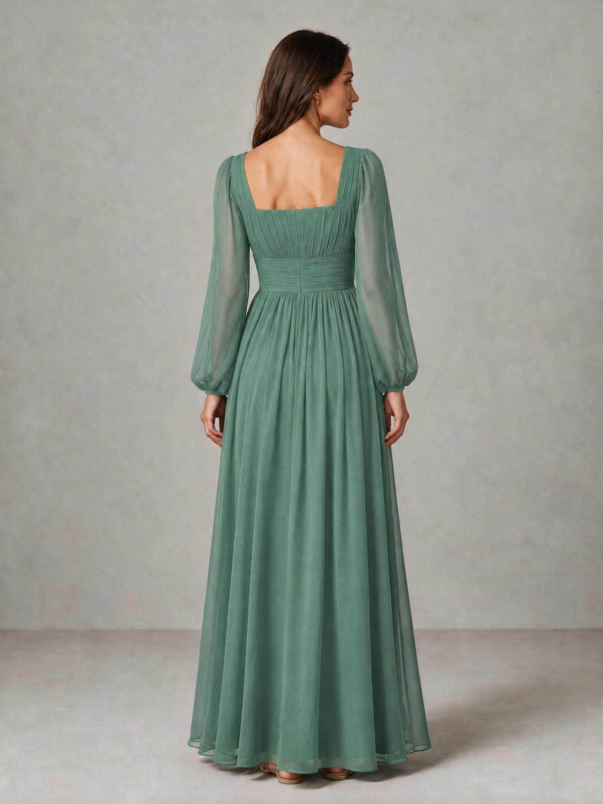 BOLODOO Eucalyptus Square Neck Long Sleeve Chiffon Bridesmaid Dress - Eucalyptus - Eucalyptus_2