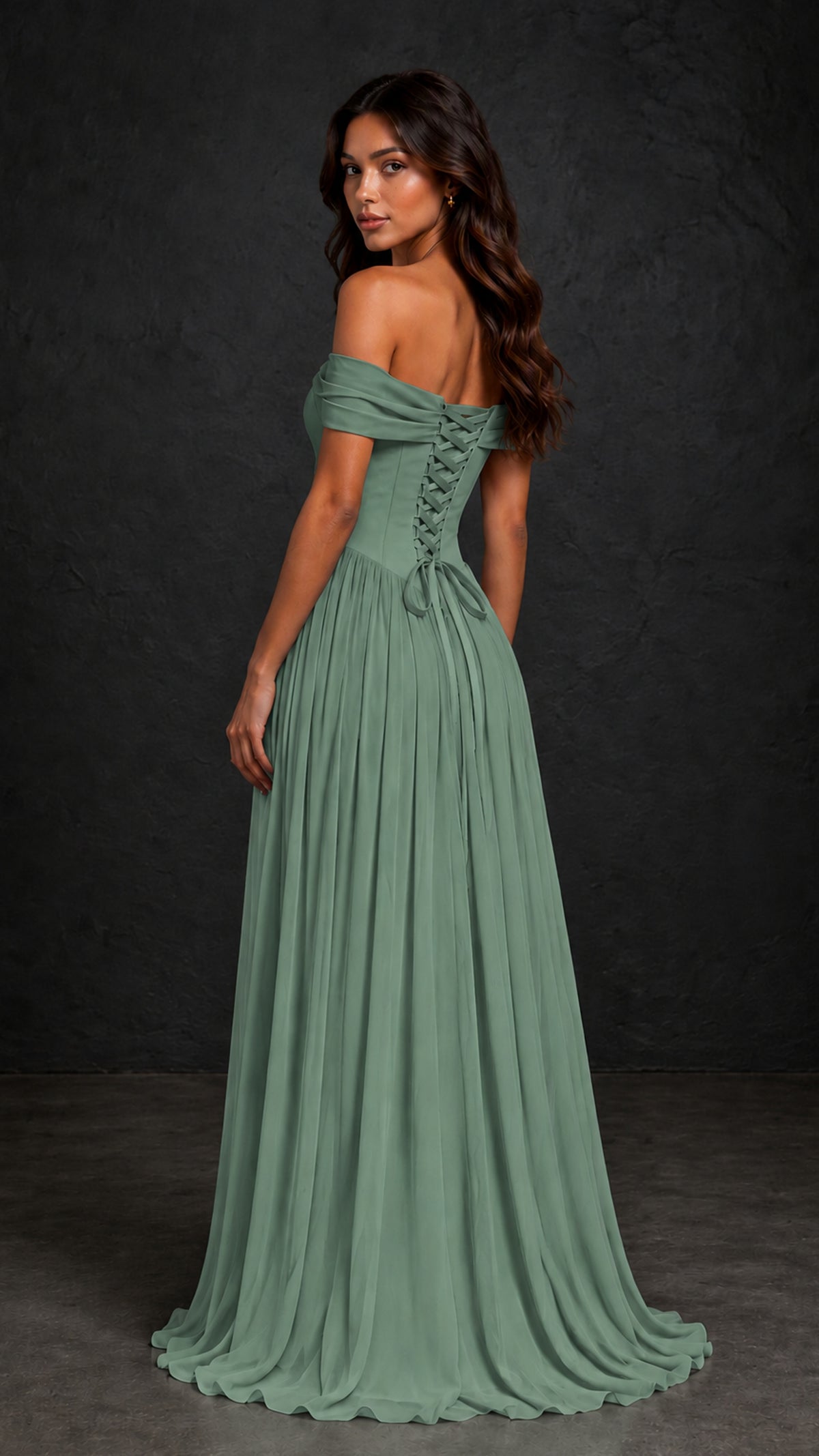 BOLODOO Eucalyptus Off-Shoulder Sweetheart Corset Pleated Chiffon Maxi Dress - Eucalyptus