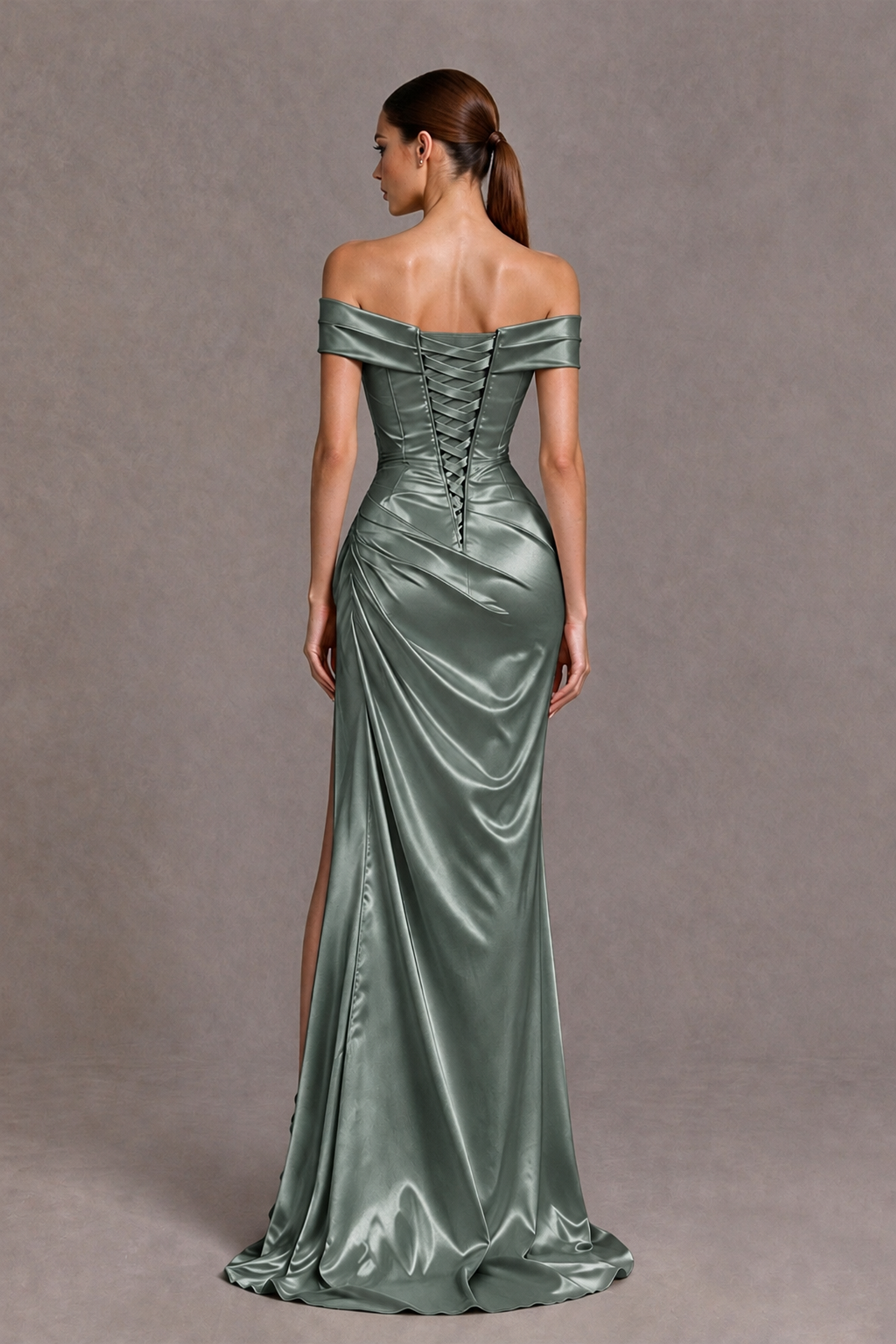 BOLODOO Eucalyptus Off-the-Shoulder Ruched Satin Prom & Evening Dress with High Slit - Eucalyptus - Eucalyptus_2