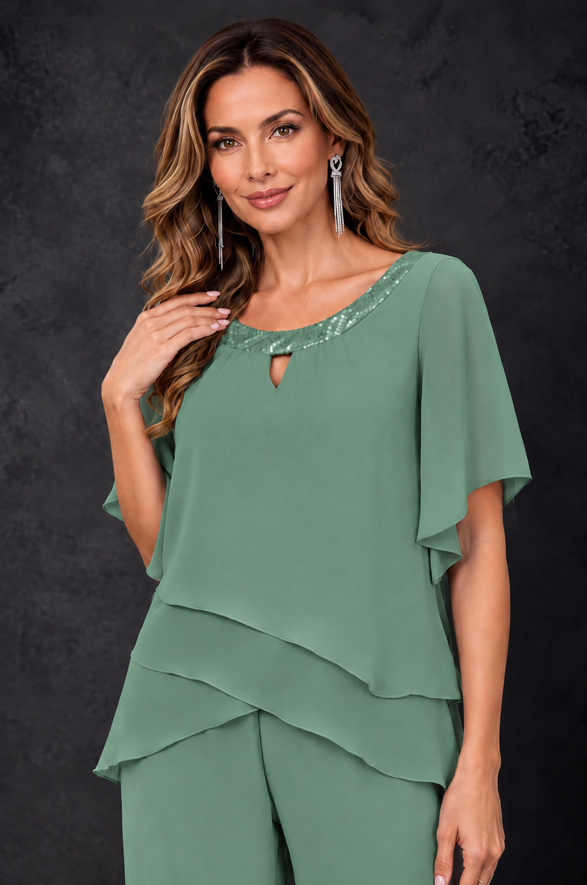 BOLODOO Eucalyptus Layered Chiffon-Look Mother of the Bride Pantsuit - Eucalyptus - Eucalyptus_2