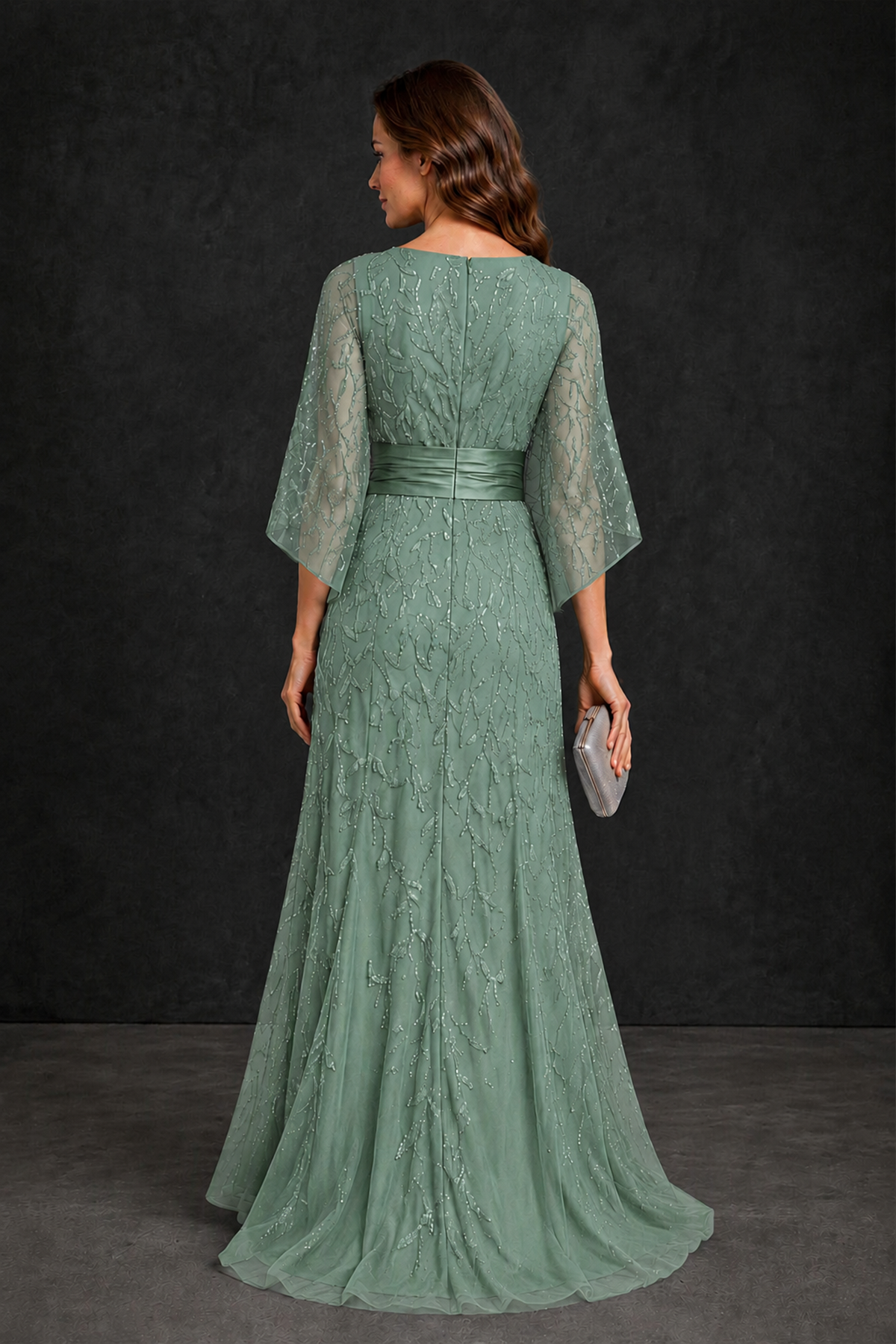 BOLODOO Eucalyptus Bateau Neck Bell Sleeve Sequin Embroidered Satin Waist A-Line Maxi Dress - Eucalyptus - Eucalyptus_2