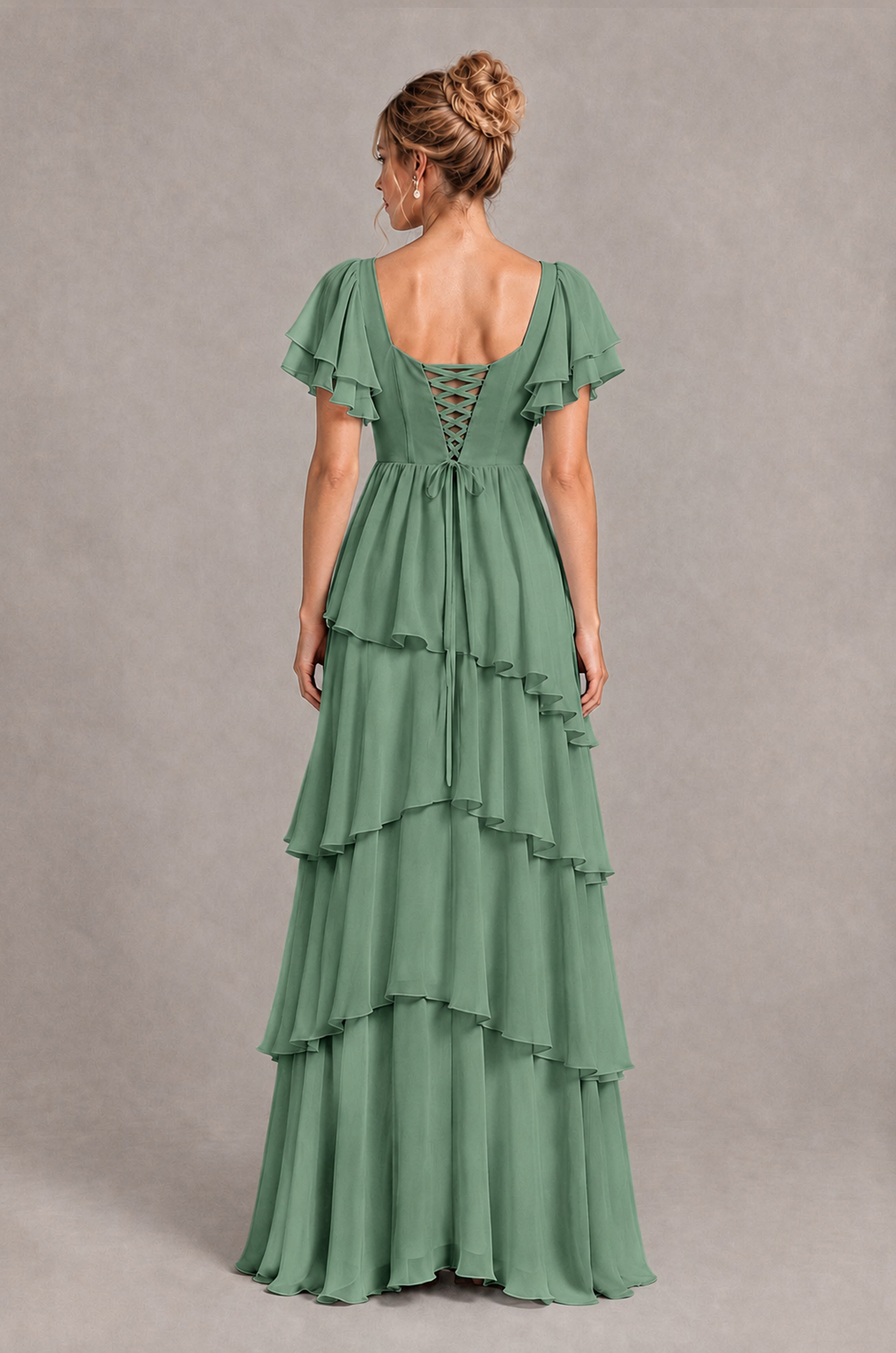 BOLODOO Eucalyptus Square Neck Flutter Sleeve Tiered Chiffon Bridesmaid Dress with Lace-Up Back - Eucalyptus - Eucalyptus_2