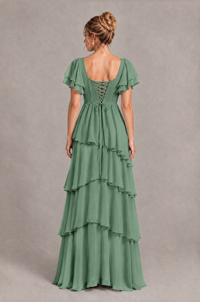 BOLODOO Eucalyptus Square Neck Flutter Sleeve Tiered Chiffon Bridesmaid Dress with Lace-Up Back - Eucalyptus - Eucalyptus_2