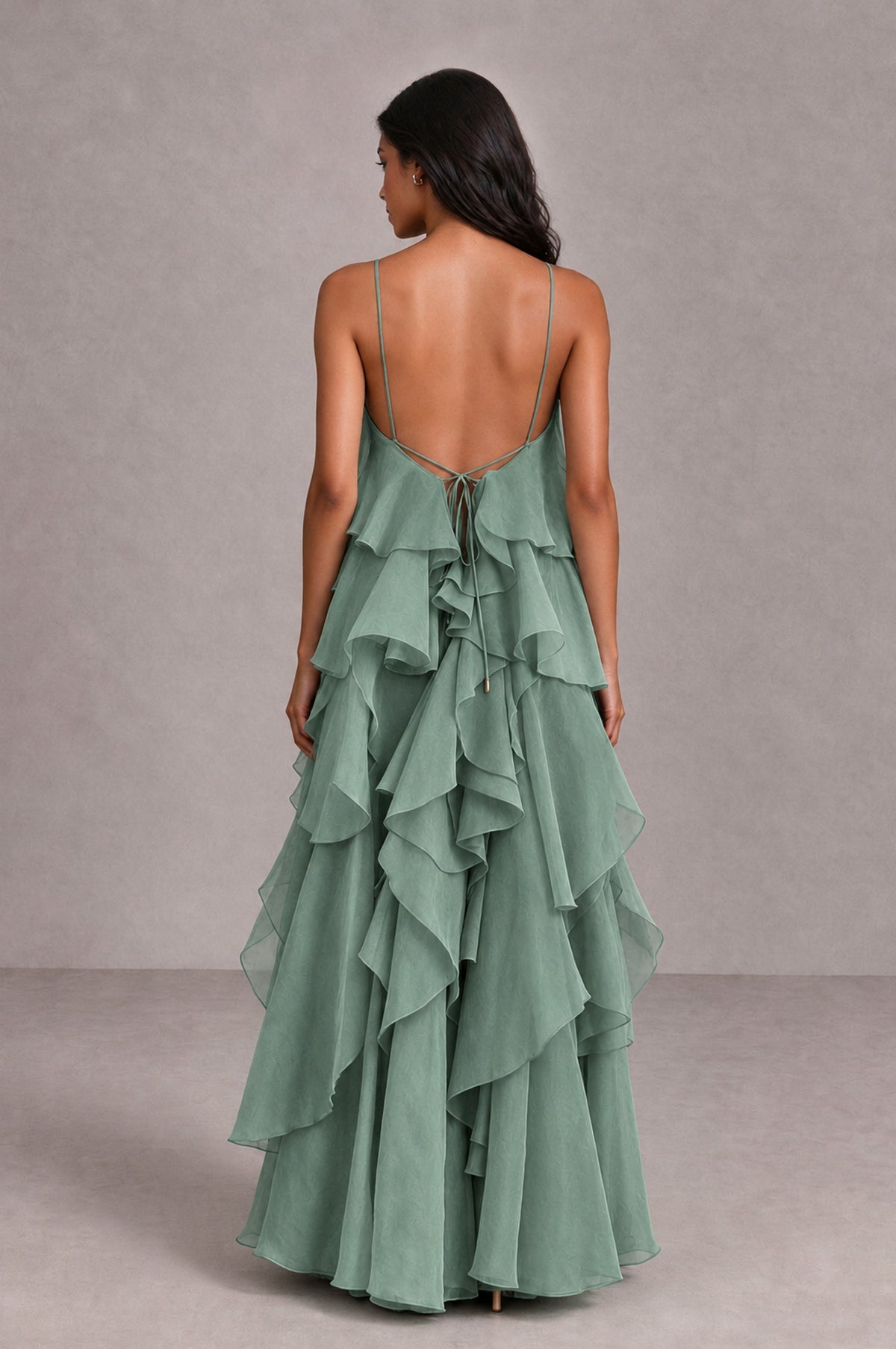 BOLODOO Eucalyptus Cascading Ruffle Rosette Open-Back Maxi Dress - Eucalyptus - Eucalyptus_2