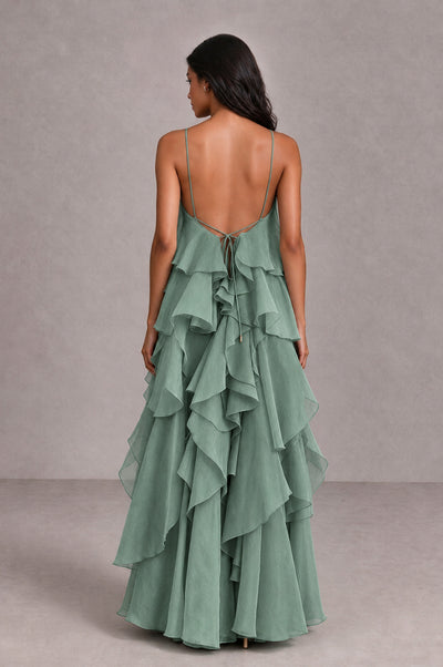 BOLODOO Eucalyptus Cascading Ruffle Rosette Open-Back Maxi Dress - Eucalyptus - Eucalyptus_2