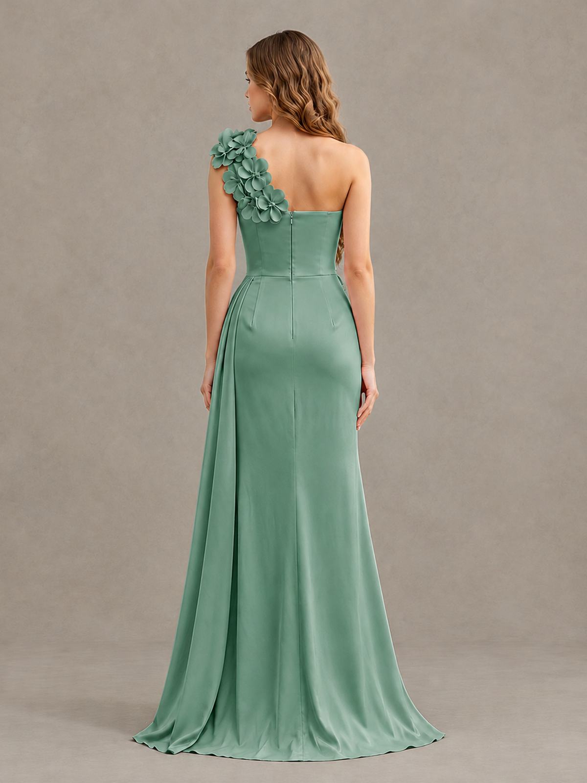 BOLODOO Eucalyptus One-Shoulder Satin Mermaid Evening Gown with 3D Floral Appliqué - Eucalyptus - Eucalyptus_2