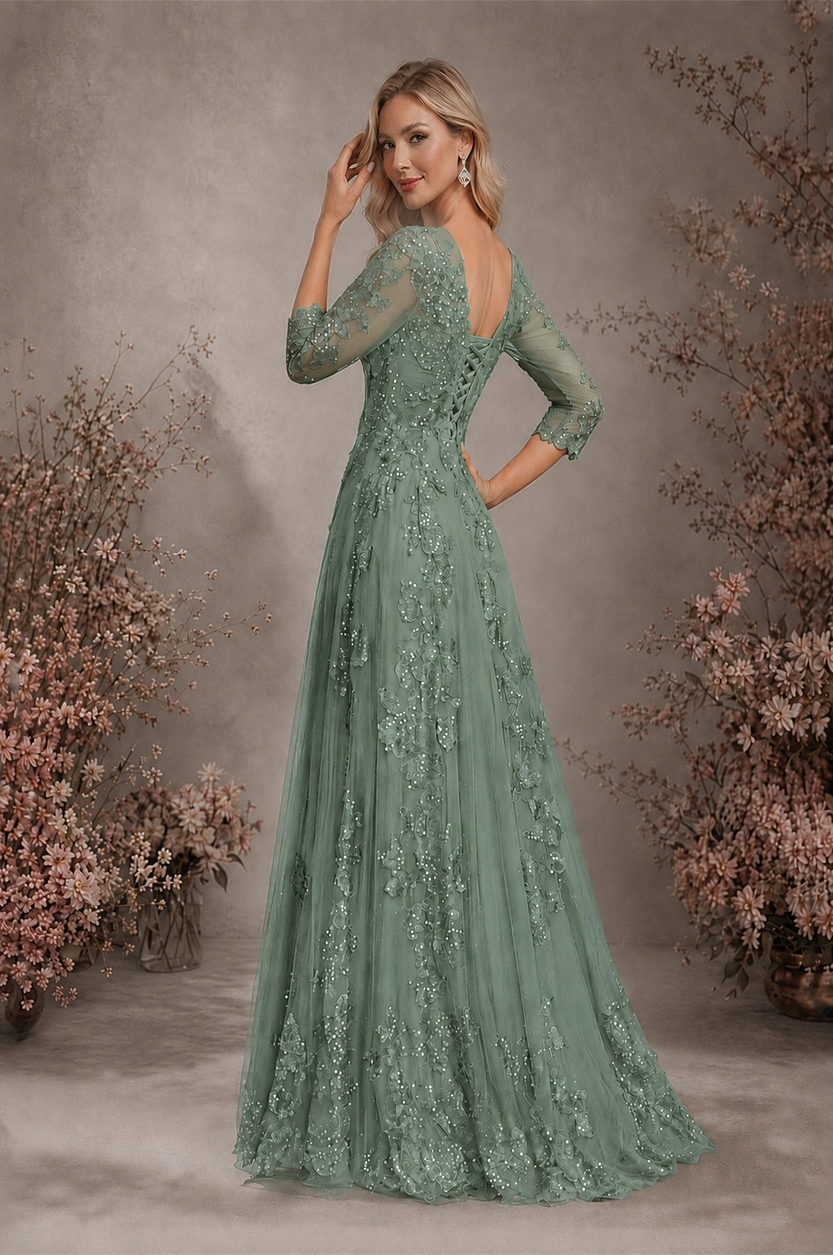 BOLODOO Eucalyptus Sequin Lace 3/4 Sleeve Open Back Formal Evening Gown - Eucalyptus