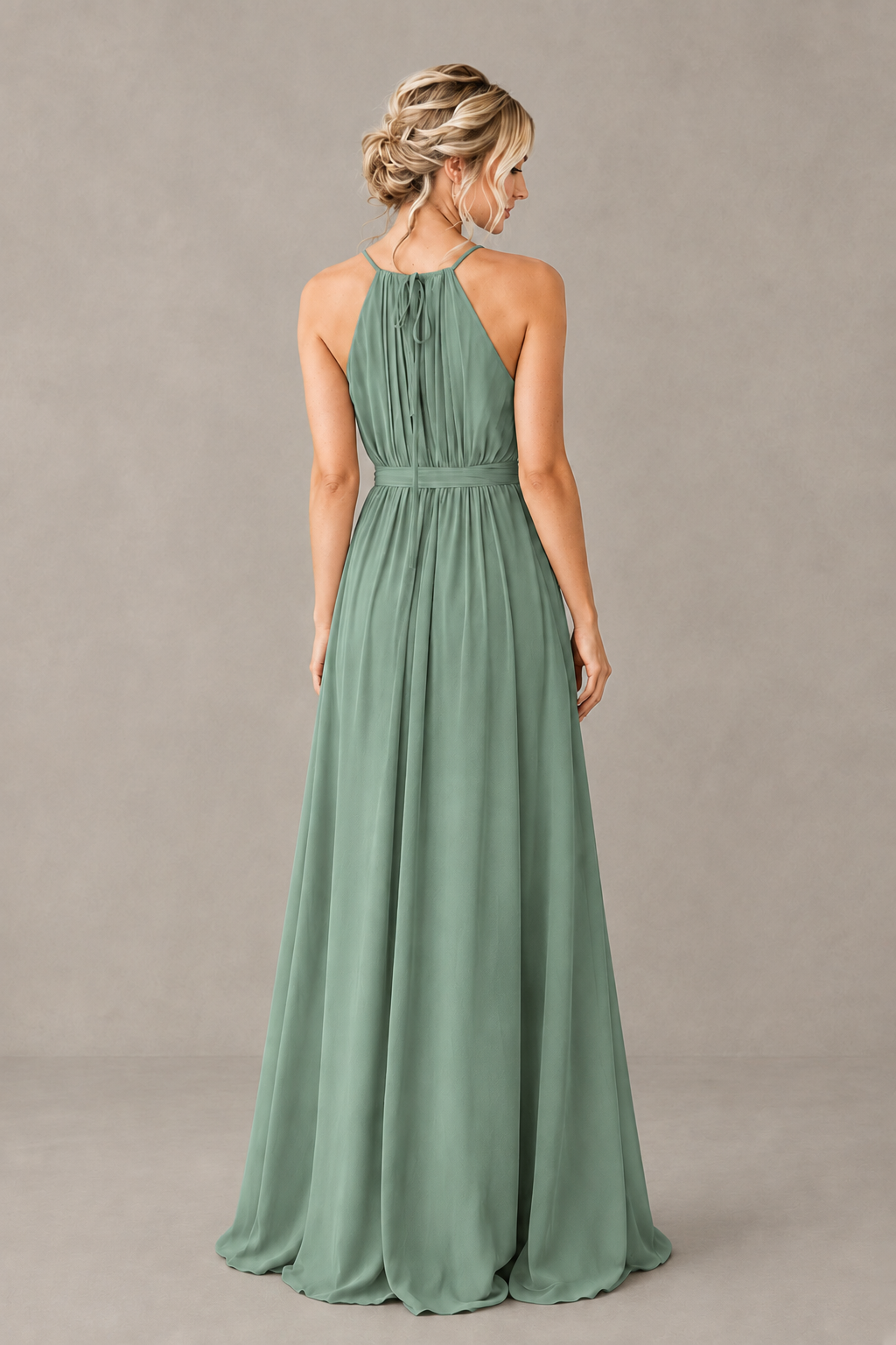 BOLODOO Eucalyptus Halter Chiffon Bridesmaid Dress with High Slit - Eucalyptus