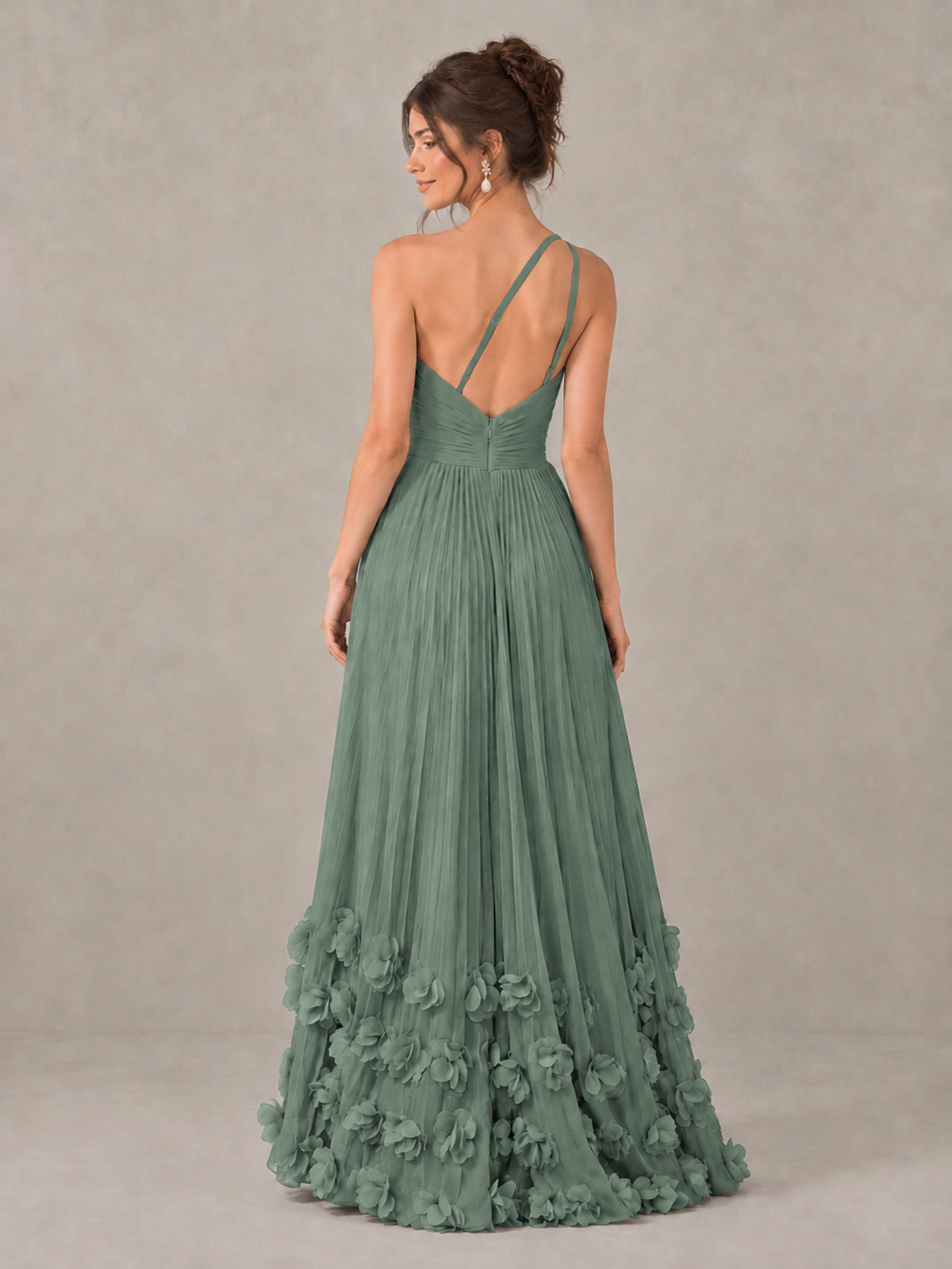 BOLODOO Eucalyptus One-Shoulder Pleated Bridesmaid Dress with 3D Floral Hem - Eucalyptus - Eucalyptus_2