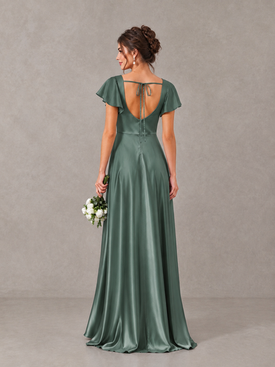 BOLODOO Eucalyptus Satin Square Neck Flutter Sleeve A-Line Bridesmaid Dress with Slit - Eucalyptus - Eucalyptus_2