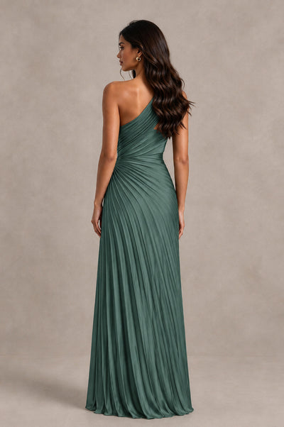 BOLODOO Eucalyptus One Shoulder Pleated Evening Dress with Ruched Waist and High Slit - Eucalyptus - Eucalyptus_2