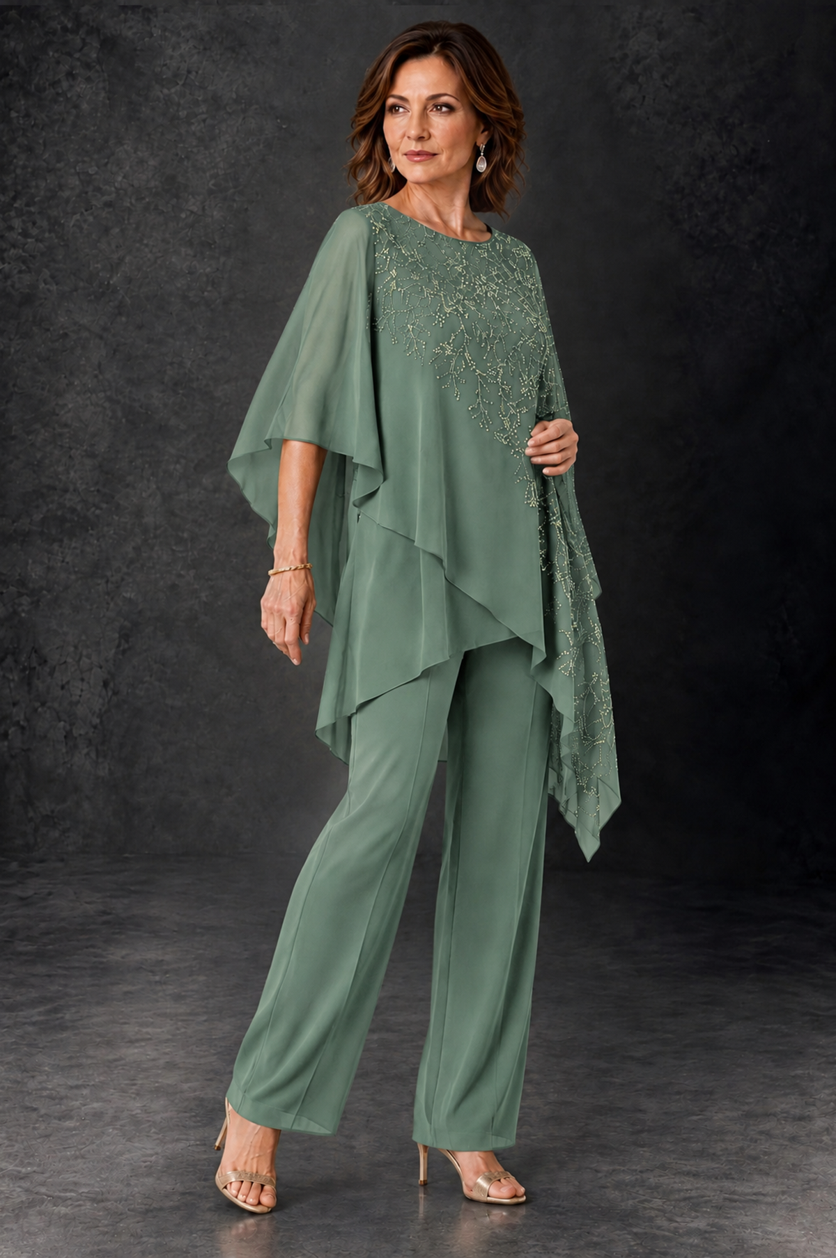 BOLODOO Eucalyptus Embellished Cape Pant Suit for Mother of the Bride - Eucalyptus - Eucalyptus_2
