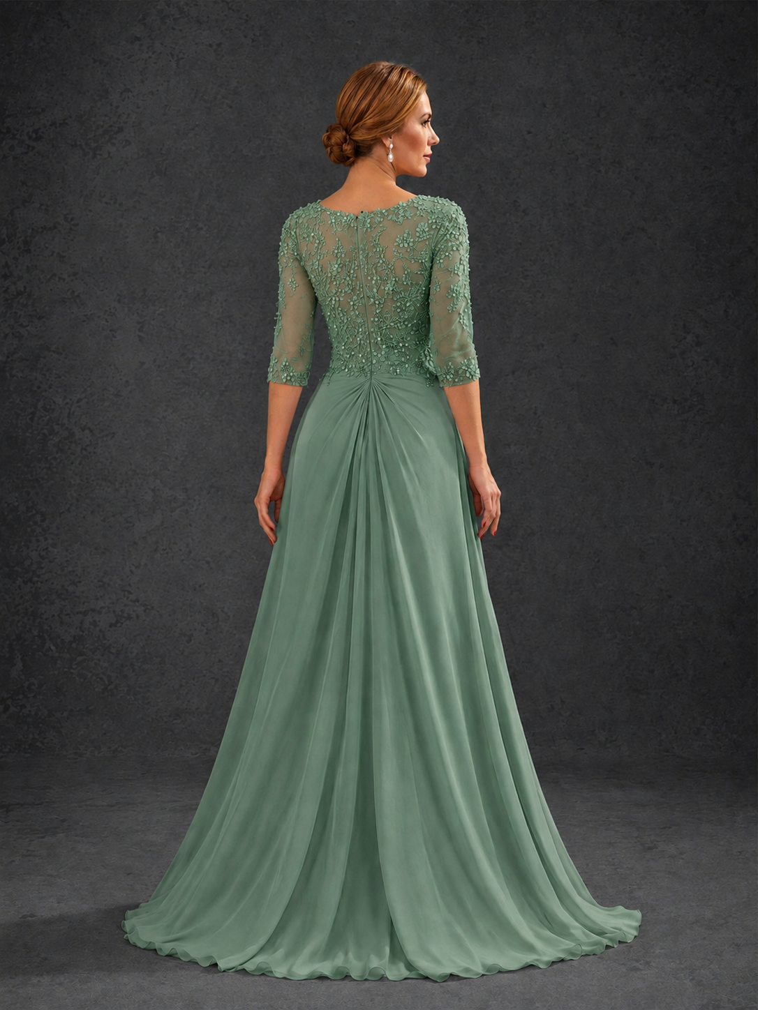 BOLODOO Eucalyptus Sweetheart Neck 3/4 Sleeve Floral Lace Illusion Bodice Chiffon A-Line Gown - Eucalyptus