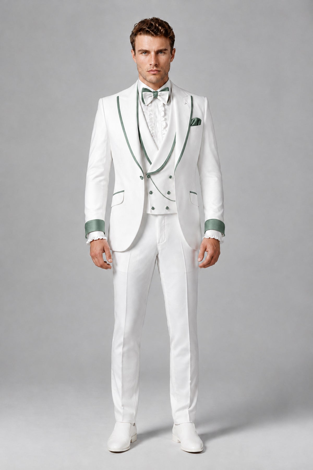 Bolodoo Men's White and Eucalyptus Three-Piece Wedding Tuxedo Suit - Eucalyptus - Eucalyptus_2