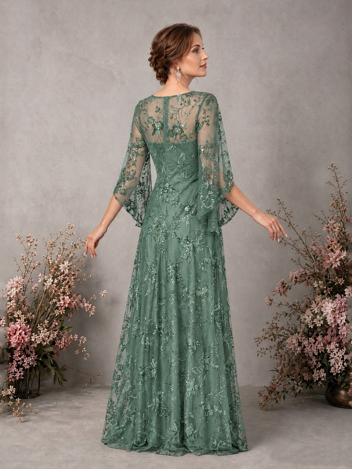 BOLODOO Eucalyptus Sequin Lace Cape Sleeve Formal Evening Gown - Eucalyptus - Eucalyptus_2
