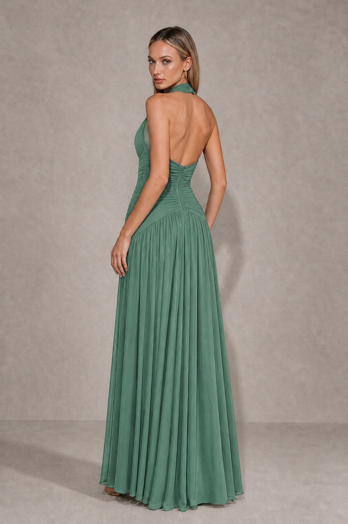 BOLODOO Eucalyptus Chiffon Halter Deep V-Neck Ruched A-Line Backless Maxi Dress with Train-BD0167 - Eucalyptus - Eucalyptus_2