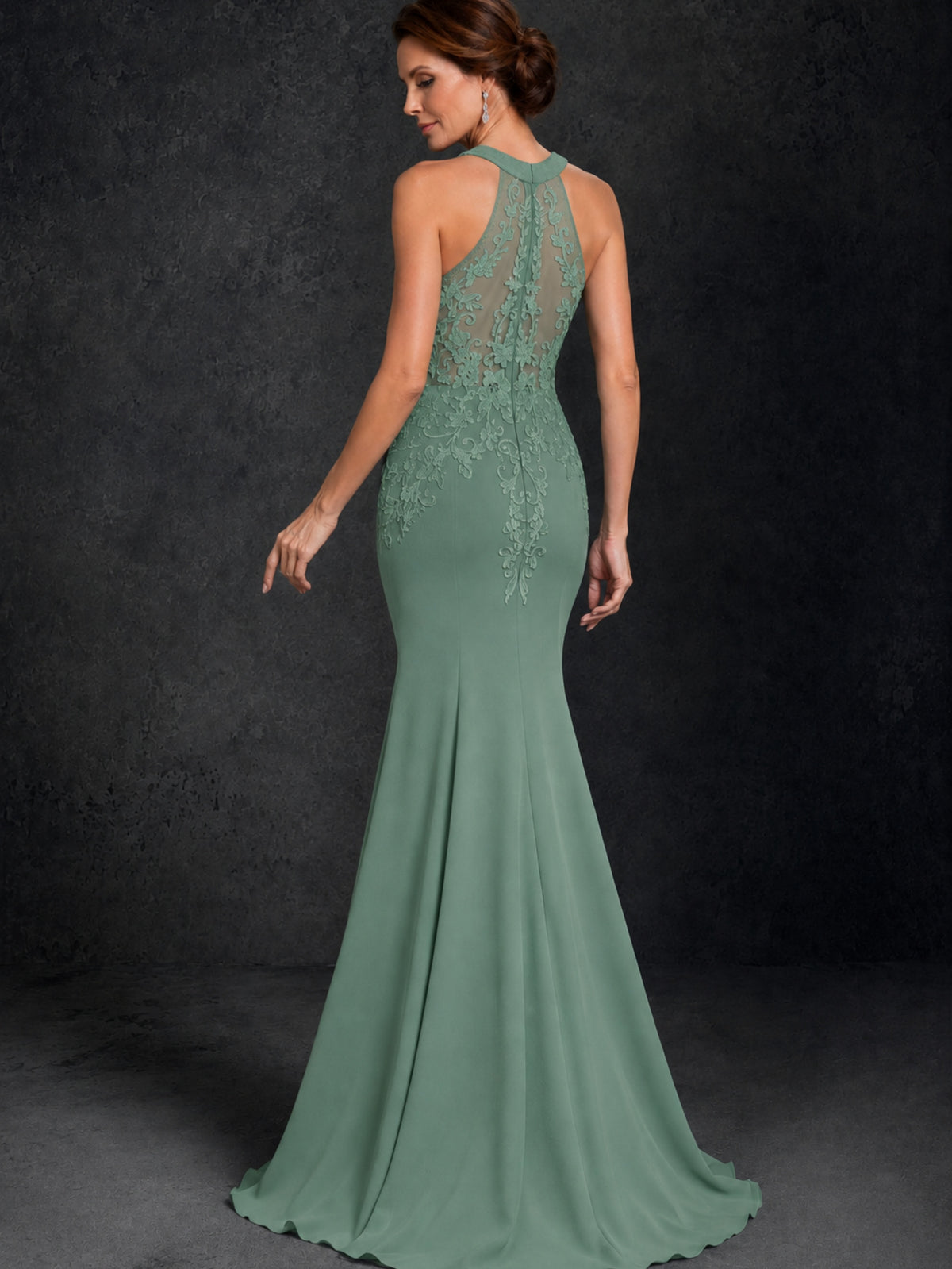 BOLODOO Eucalyptus Lace Applique Halter Neck Sheer Back Mermaid Maxi Dress with Sweep Train - Eucalyptus