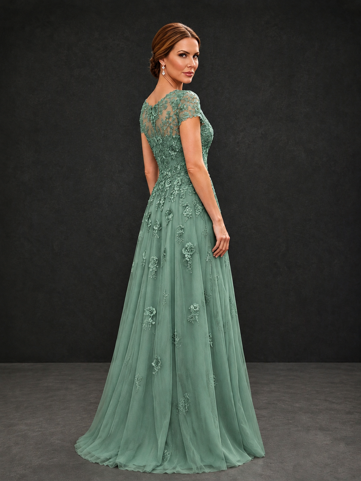 BOLODOO Eucalyptus Cap Sleeve Lace Appliqué A-Line Formal Gown | Mother of the Bride Dress - Eucalyptus - Eucalyptus_2