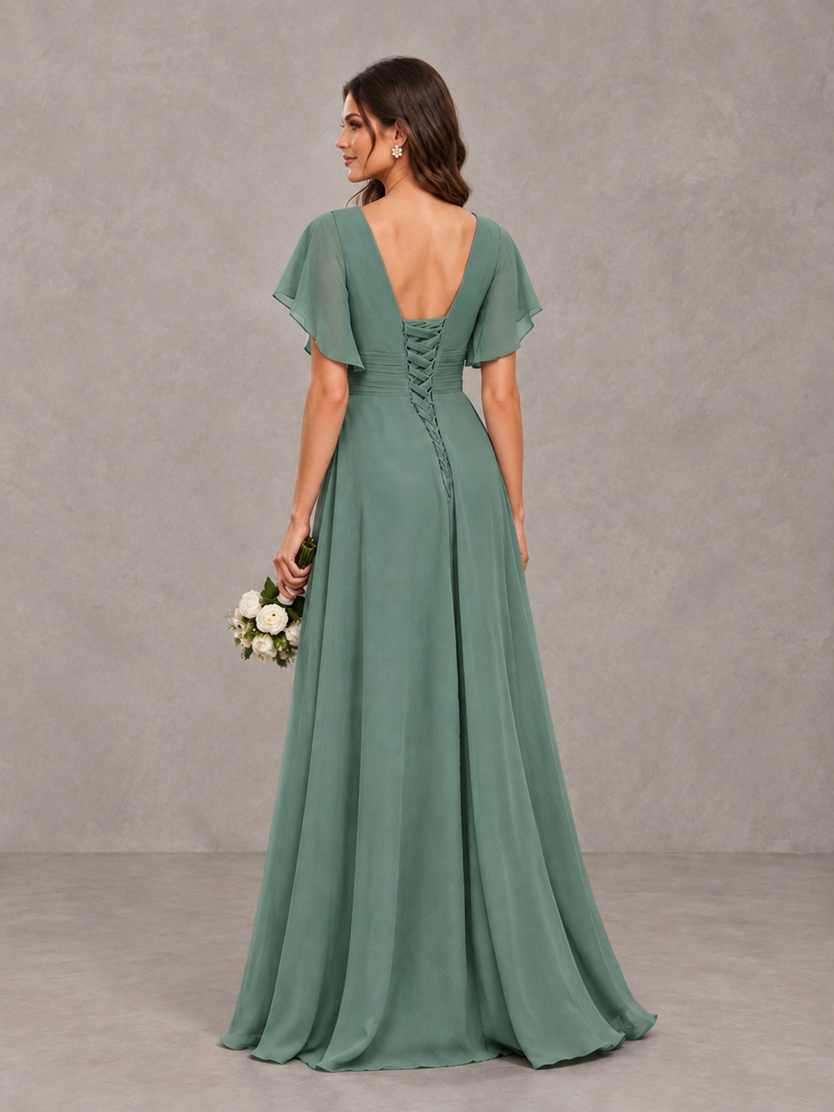 BOLODOO Eucalyptus Flutter Sleeve V-Neck Bridesmaid Dress with Ruffle Slit - Eucalyptus - Eucalyptus_2