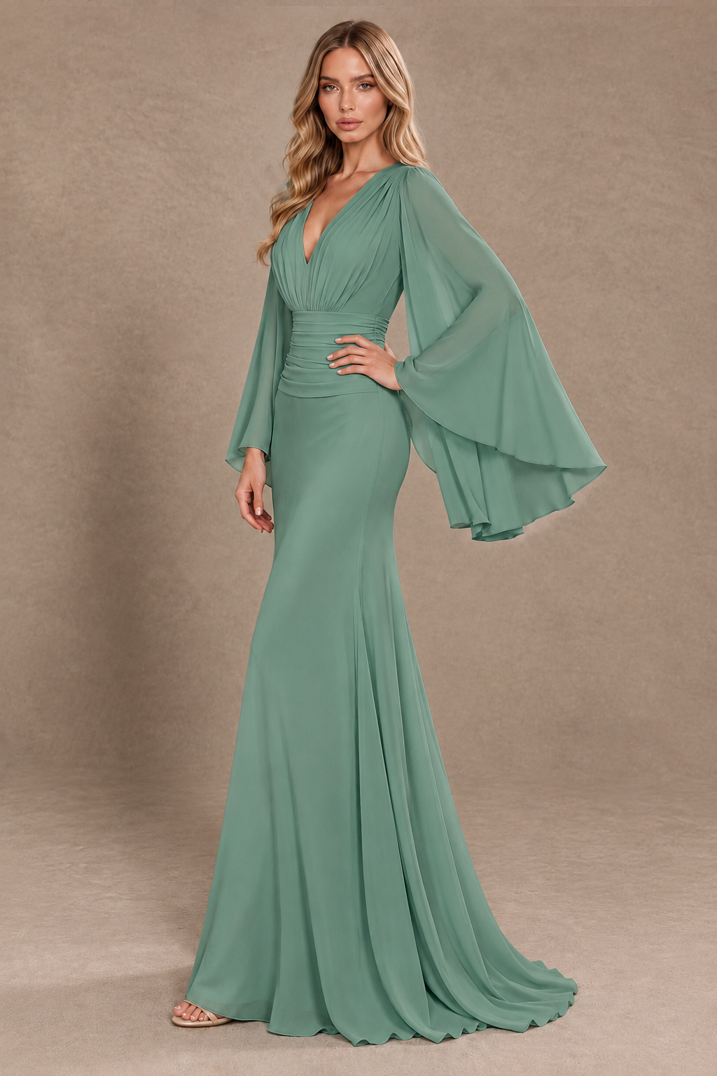 BOLODOO Eucalyptus Cape Sleeve V-Neck Ruched Chiffon Evening Dress - Eucalyptus - Eucalyptus_2