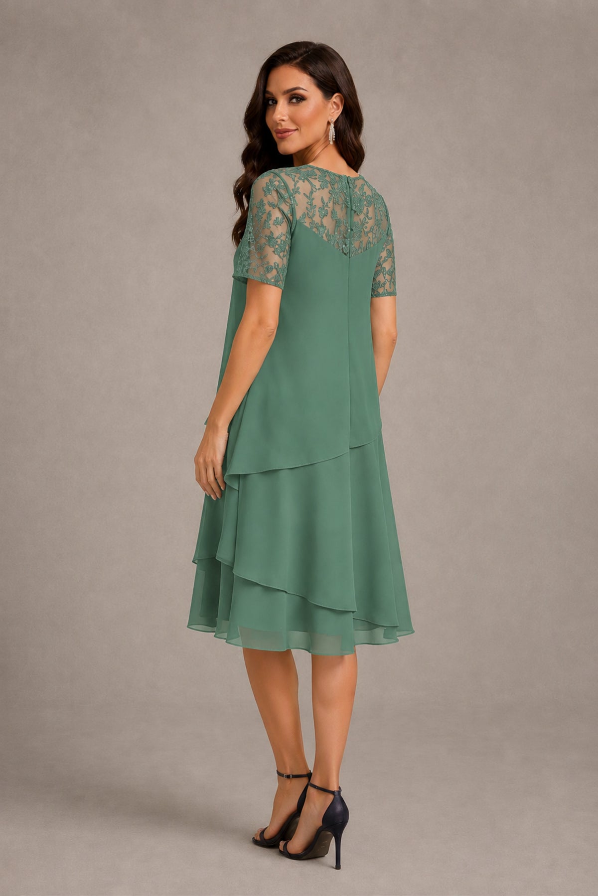 BOLODOO Eucalyptus Illusion Lace Short Sleeve Tiered Chiffon Tea Length Dress | Mother of the Bride Midi Dress - Eucalyptus