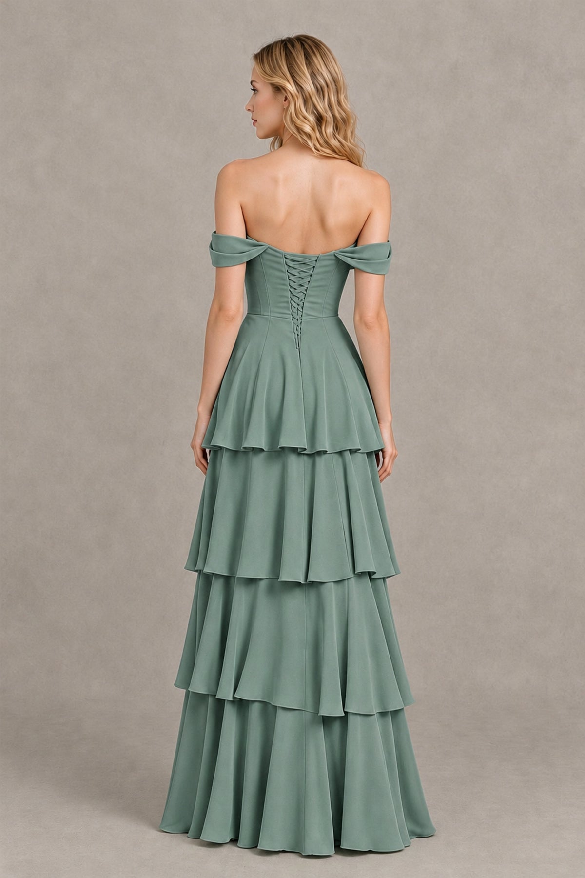 BOLODOO Eucalyptus Off-the-Shoulder Tiered A-Line Evening Bridesmaid Dress - Eucalyptus - Eucalyptus_2