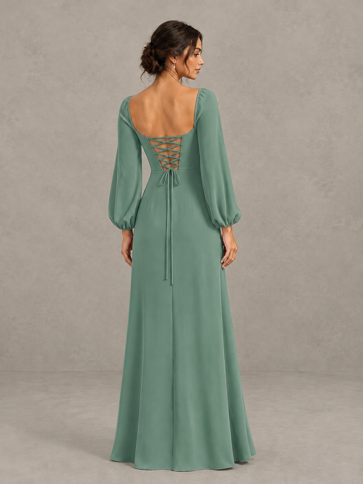 BOLODOO Eucalyptus Square Neck Long Sleeve Bridesmaid Dress with High Slit - Eucalyptus - Eucalyptus_2