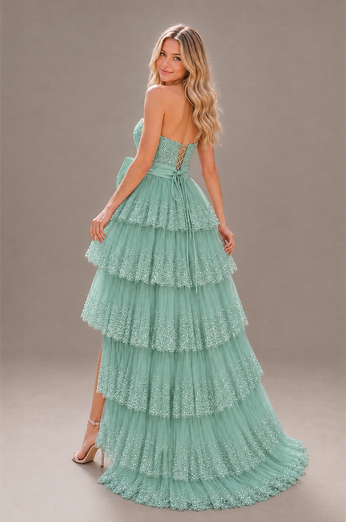 BOLODOO Eucalyptus Strapless Tiered Tulle Prom Dress with Bow - Eucalyptus - Eucalyptus_2