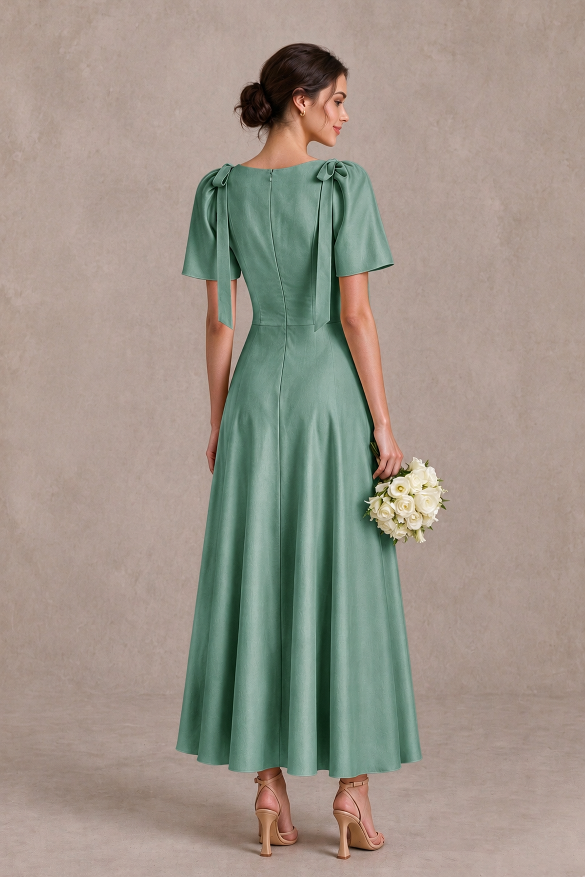 BOLODOO Eucalyptus V-Neck Short Sleeve Satin-Look Bridesmaid Dress with Shoulder Bows - Eucalyptus - Eucalyptus_2