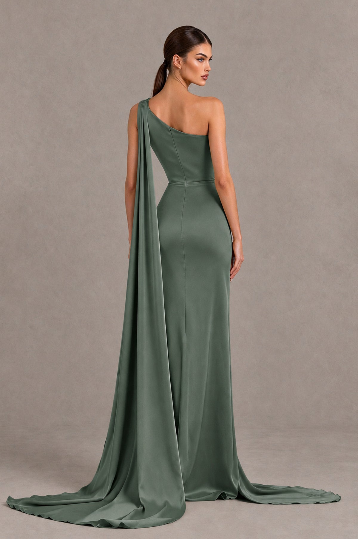 BOLODOO Eucalyptus One Shoulder Satin Evening Dress with High Slit and Draped Cape Train - Eucalyptus - Eucalyptus_2