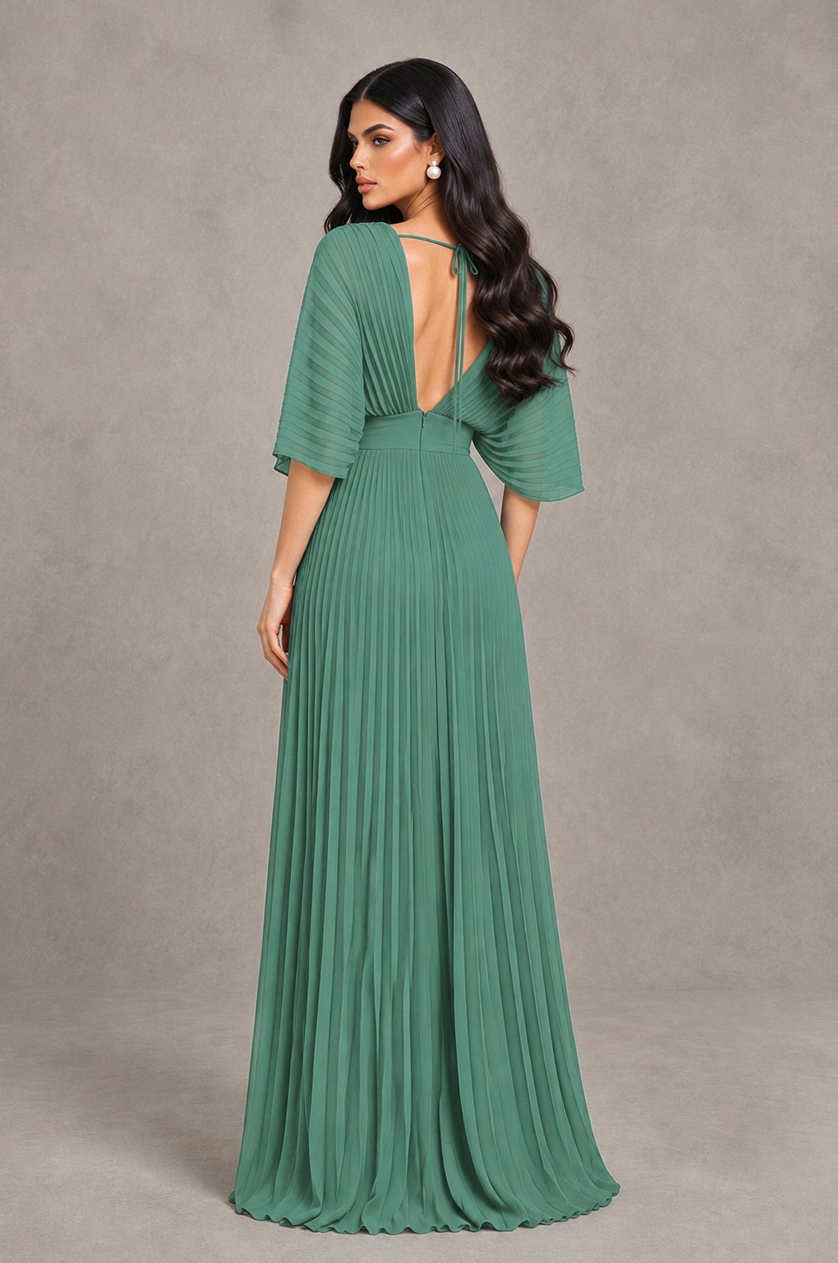 BOLODOO Eucalyptus V-Neck Pleated Flutter Sleeve Formal Dress - Eucalyptus - Eucalyptus_2