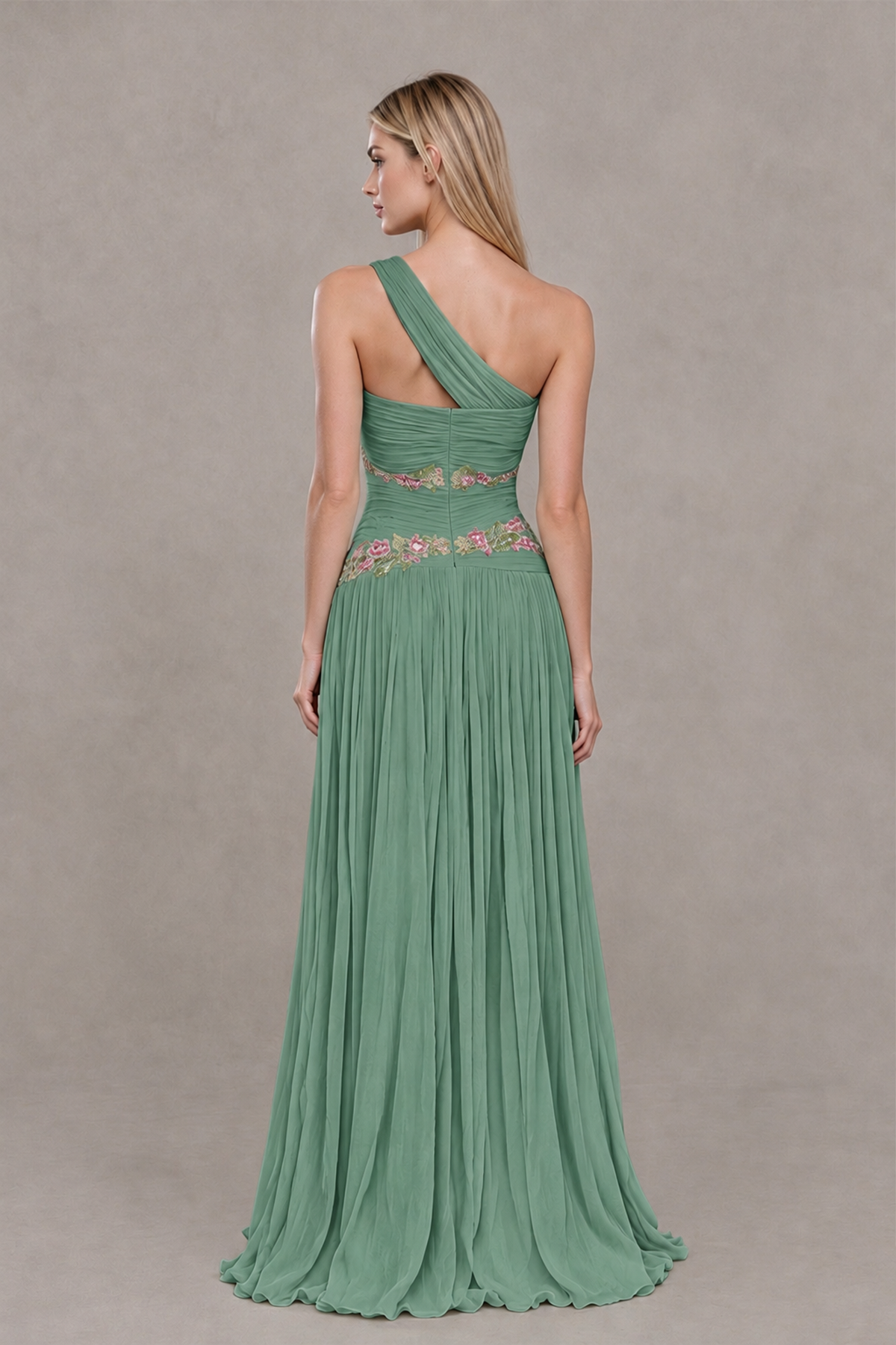 BOLODOO Eucalyptus One-Shoulder Floral Applique A-Line Evening Dress - Eucalyptus - Eucalyptus_2