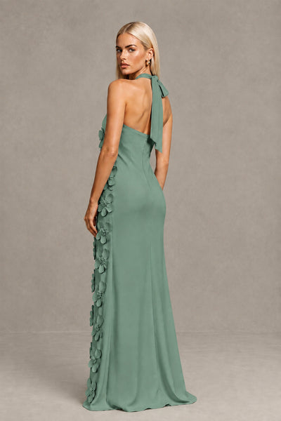 BOLODOO Eucalyptus Cross Halter Neck 3D Floral Appliqué Backless Mermaid Maxi Gown - Eucalyptus - Eucalyptus_2
