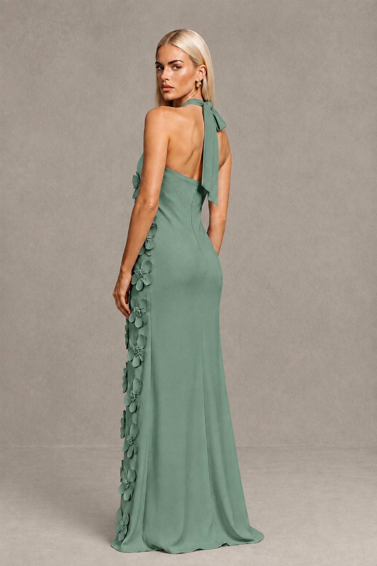 BOLODOO Eucalyptus Cross Halter Neck 3D Floral Appliqué Backless Mermaid Maxi Gown - Eucalyptus - Eucalyptus_2