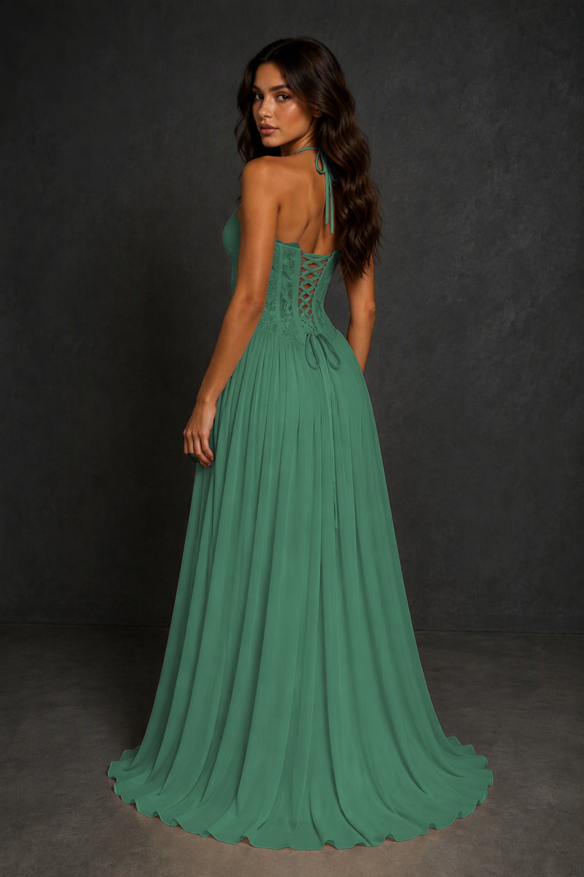 BOLODOO Eucalyptus Lace Corset Halter Maxi Gown – Backless A-Line Formal Dress - Eucalyptus