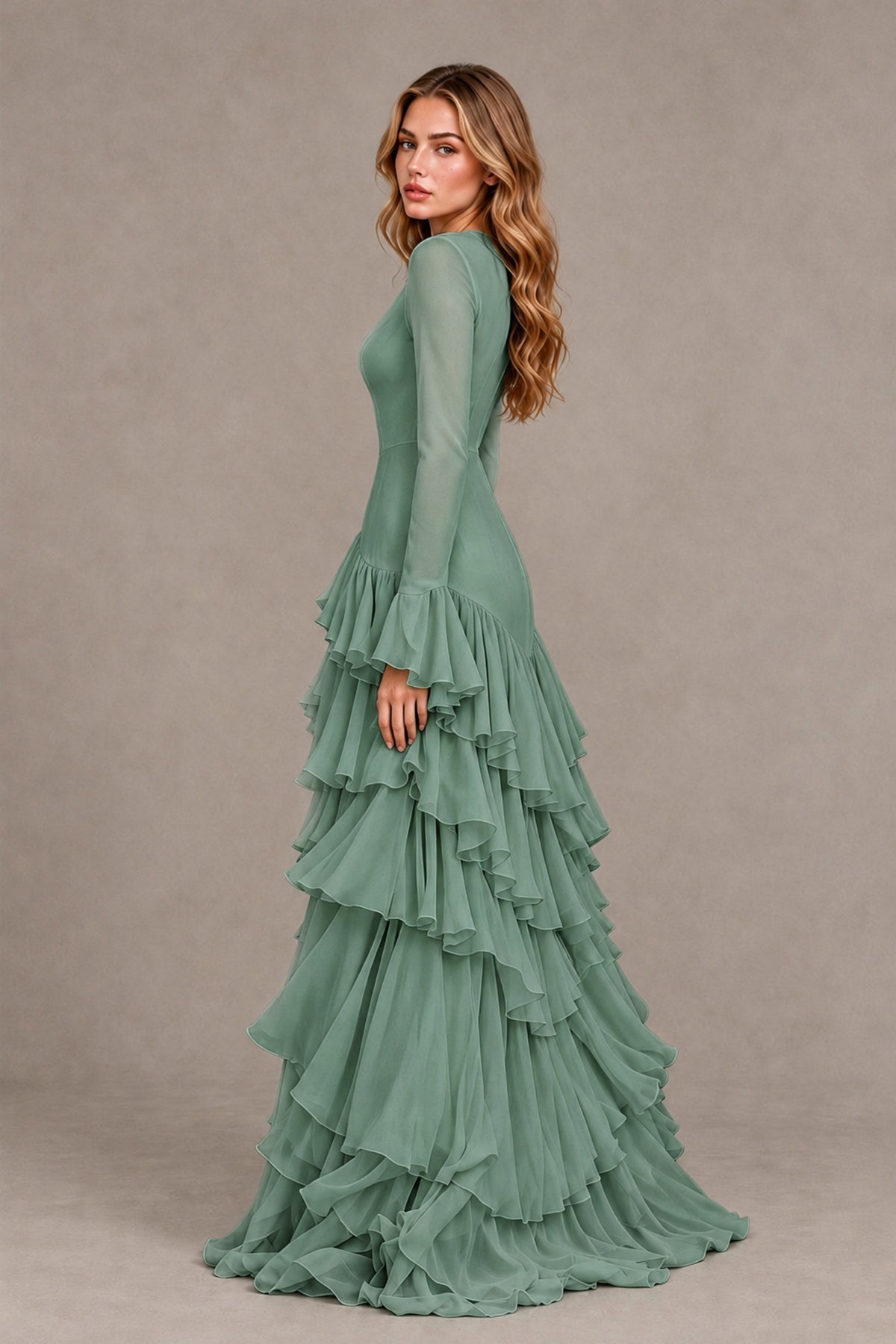 Eucalyptus Long Sleeve Tiered Ruffle Evening Gown - Eucalyptus - Eucalyptus_2