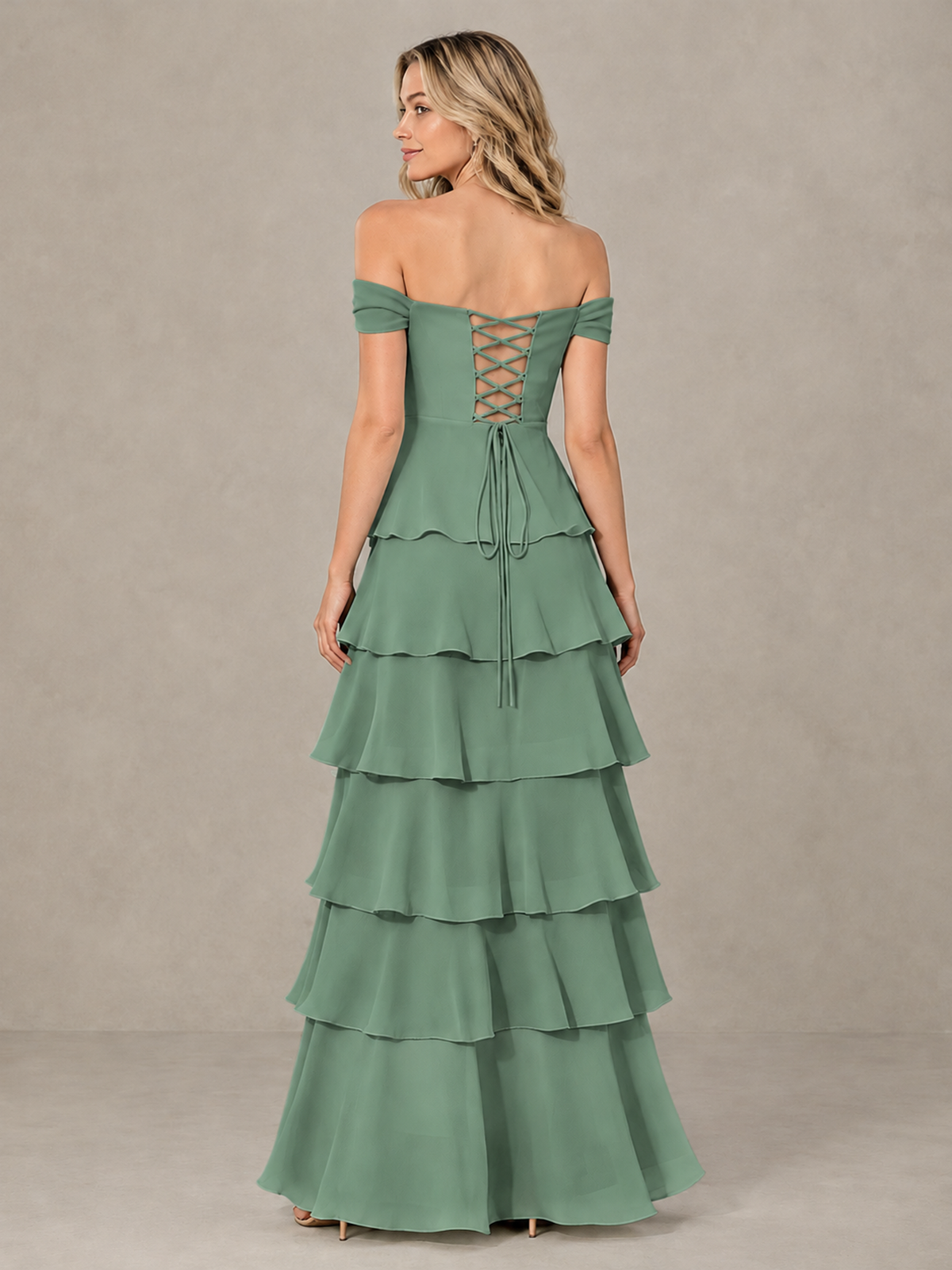 BOLODOO Eucalyptus Off-Shoulder Tiered Ruffle Bridesmaid Dress with Lace-Up Back - Eucalyptus - Eucalyptus_2