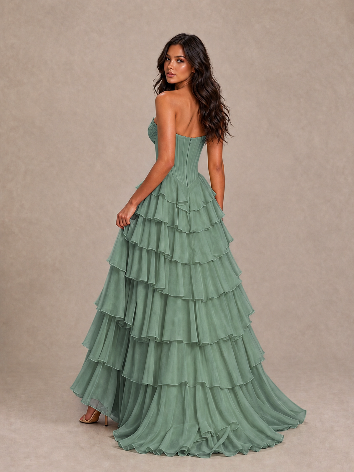 BOLODOO Eucalyptus Strapless Corset Tiered Ruffle Prom Dress with High Slit - Eucalyptus - Eucalyptus_2
