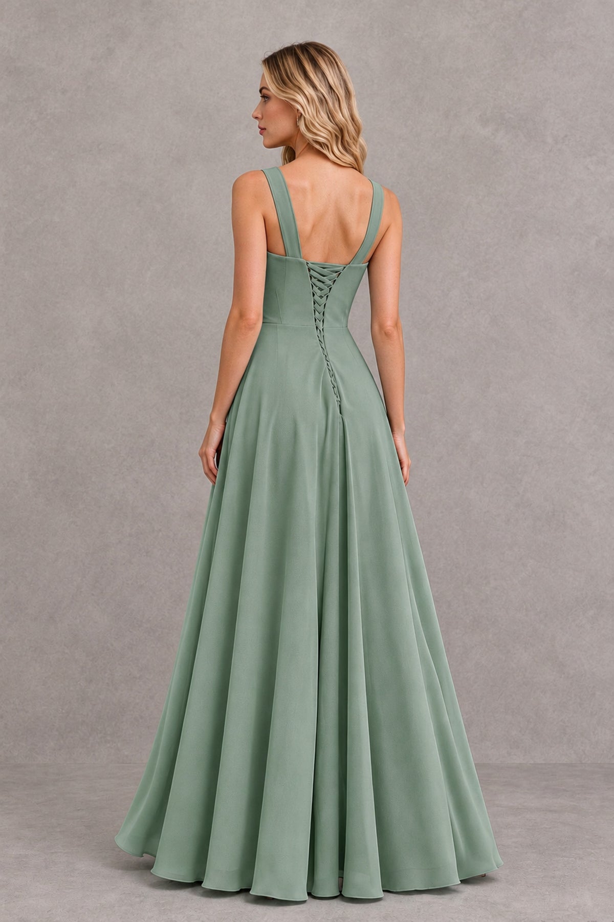 BOLODOO Eucalyptus Square Neck Ruffle A-Line Bridesmaid Dress with Slit - Eucalyptus - Eucalyptus_2