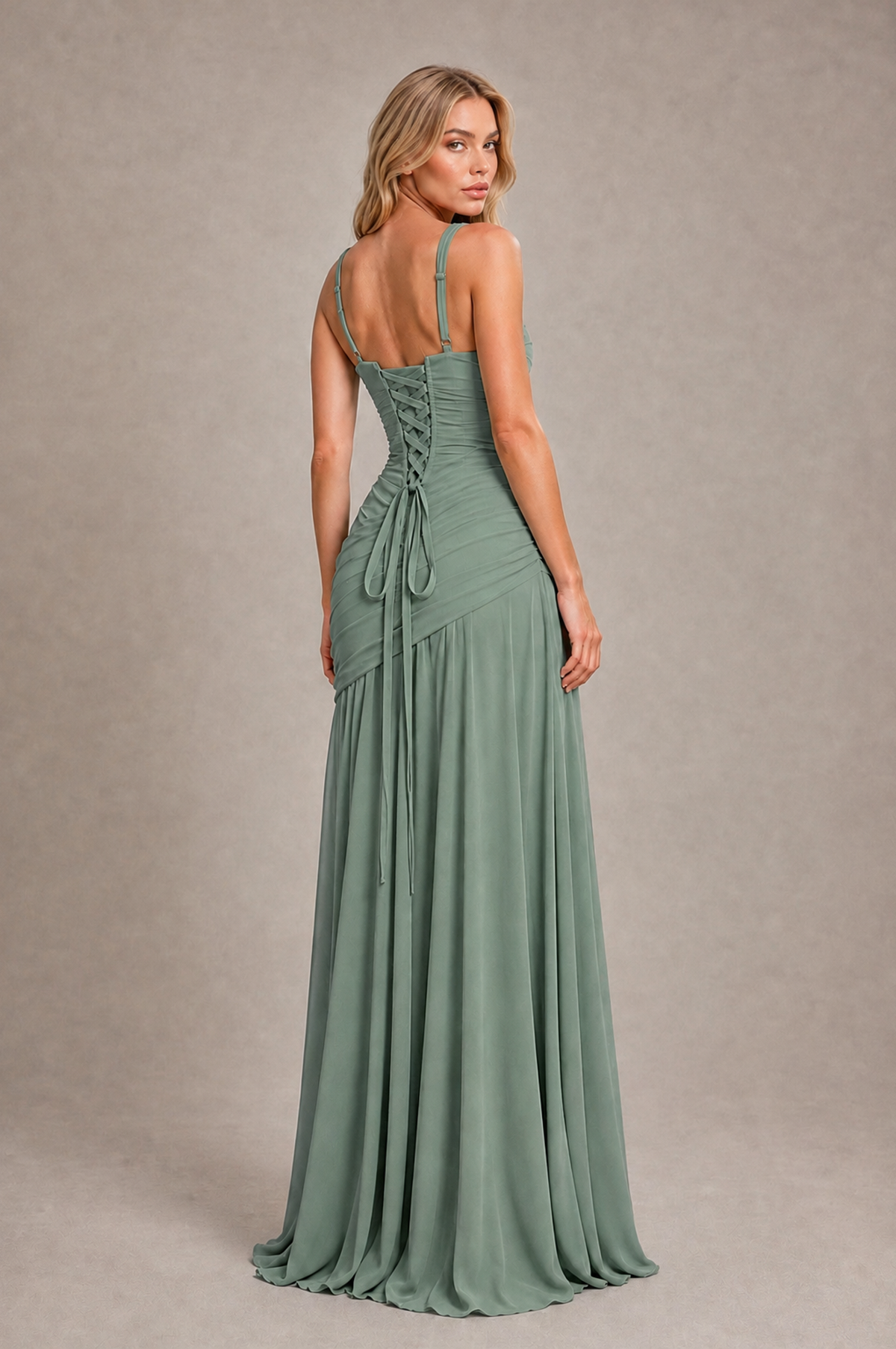 BOLODOO Eucalyptus Spaghetti Strap Ruched Maxi Dress – Formal Evening Gown with Slit - Eucalyptus - Eucalyptus_2