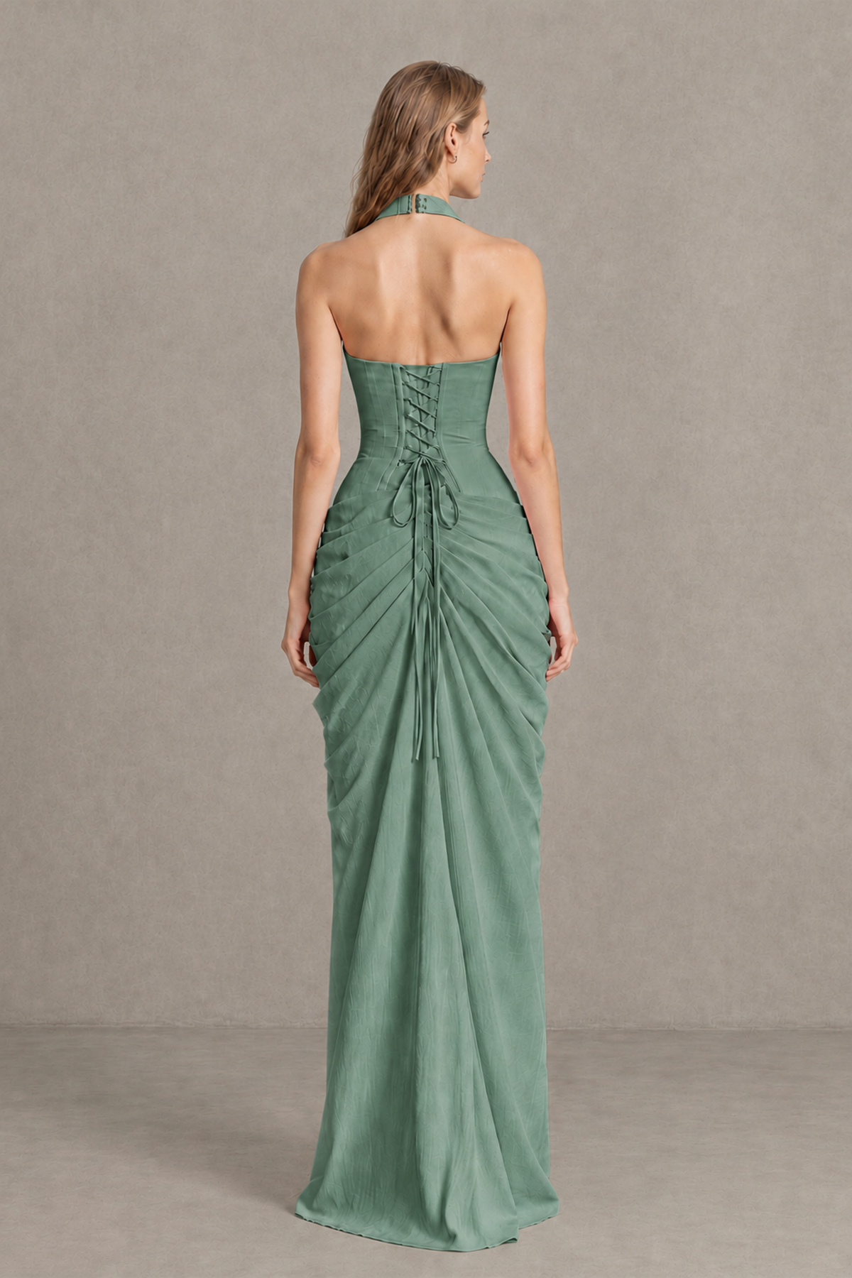 BOLODOO Eucalyptus Halter Neck Ruched Maxi Dress with High Slit - Eucalyptus - Eucalyptus_2